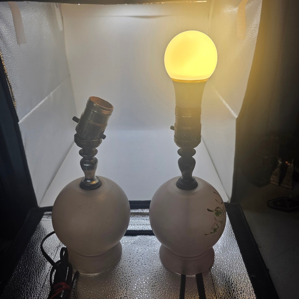 Pair Pink Frosted Glass Floral Boudoir Table Lamps Bedside MCM Parts Repair